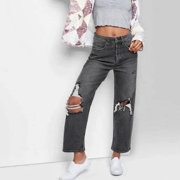 wild fable Denim - Highest Rise Distressed Mom Jeans Size 10 Black Grunge Aesthetic Ripped Retro